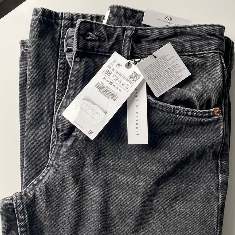 Zara women’s slim fit, straight leg, mid-rise. Signature denim asphalt black.
